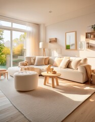 Fototapeta premium Child-safe living room with rounded furniture edges and soft rugs for a cozy family space