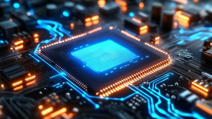 A futuristic view of a motherboard where the microchip shines with electric blue neon, creating a captivating glow