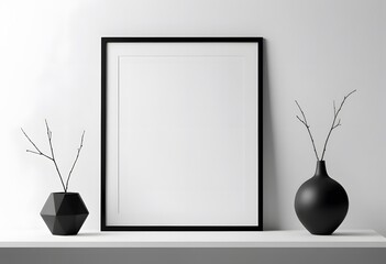 Black frame mockup leaning on white shelf with black vases and dry branches minimalist interior background
