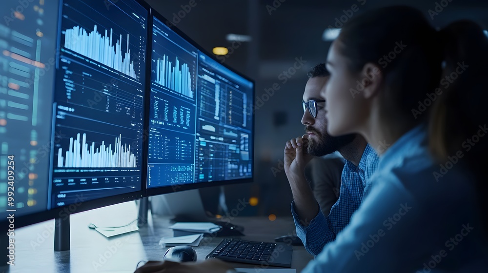 Poster two people working late at night analyzing data on multiple monitors