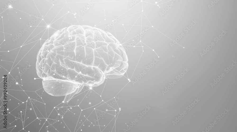 Poster brain illustration, neural networks, technology concept, in a grey and white color scheme with conne