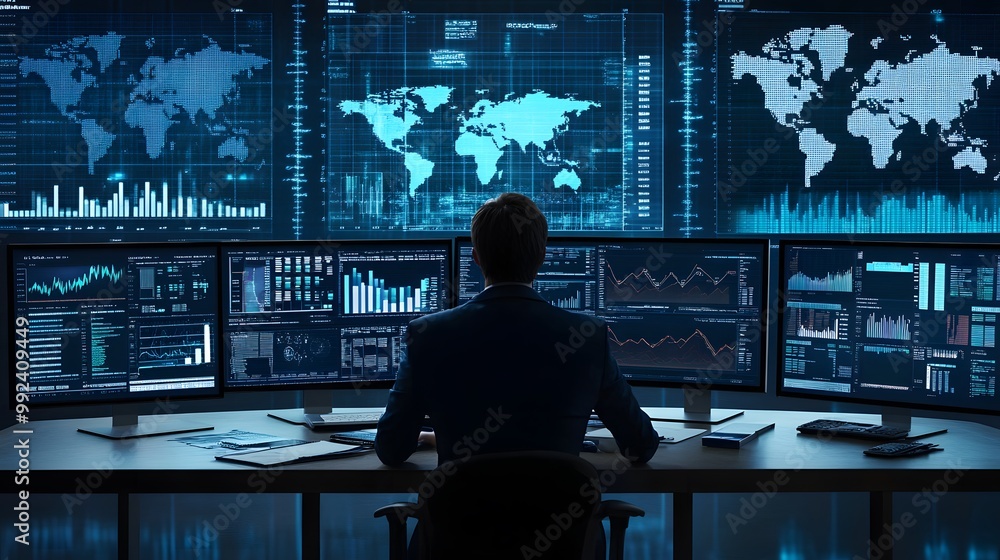 Poster a person analyzing data on multiple monitors in a dark room