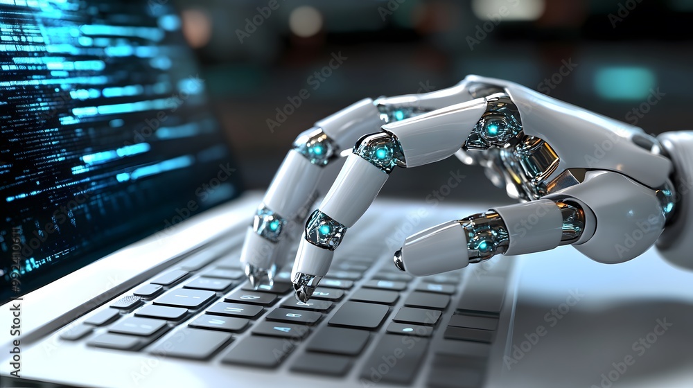 Poster robotic hand typing on a laptop keyboard with code displayed on the screen