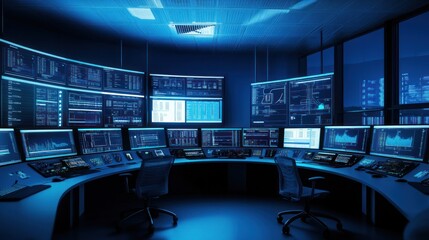 Modern Control Room with Multiple Screens Displaying Data and Information