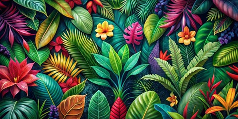 A vibrant tapestry of tropical leaves and flowers, showcasing a rich palette of emerald greens, fiery reds, and sunny yellows.
