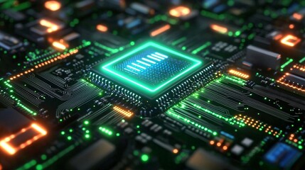 Fototapeta premium Cyberpunk-style microchip radiating with neon green light, featuring glowing edges and circuit designs