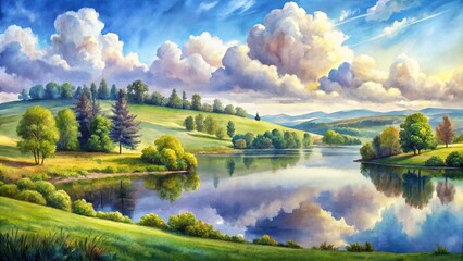 Fototapeta premium A Serene Landscape With Rolling Hills, Lush Green Meadows, and a Tranquil Lake Reflecting a Cloudy Sky
