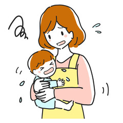 Hand drawn line illustration of a young mother with a crying infant in distress.
