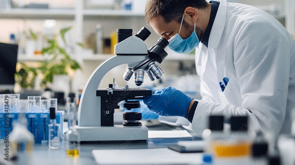 Poster a scientist in a lab coat using a microscope