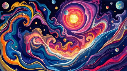Abstract Cosmic Landscape and Avatar Composed Of Swirling Shapes And Vibrant Colors