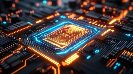 Obraz premium A close-up of a microchip with bright neon yellow lighting emanating from its edges, highlighting its detailed circuitry and connections