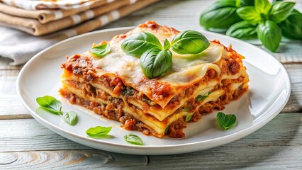 A close-up of a delicious lasagna with layers of pasta, meat sauce, and melted cheese, garnished with fresh basil leaves and served on a white plate