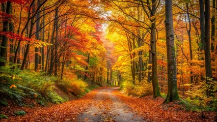 Fototapeta premium A winding path through a vibrant autumnal forest, where golden and crimson leaves blanket the ground, creating a picturesque scene of seasonal beauty.
