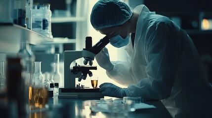 Scientist in a Laboratory Using a Microscope and Analyzing a Sample in a Glass Beaker