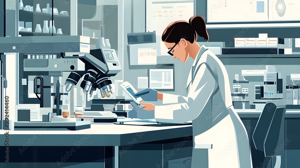Poster a scientist examining data in a modern laboratory