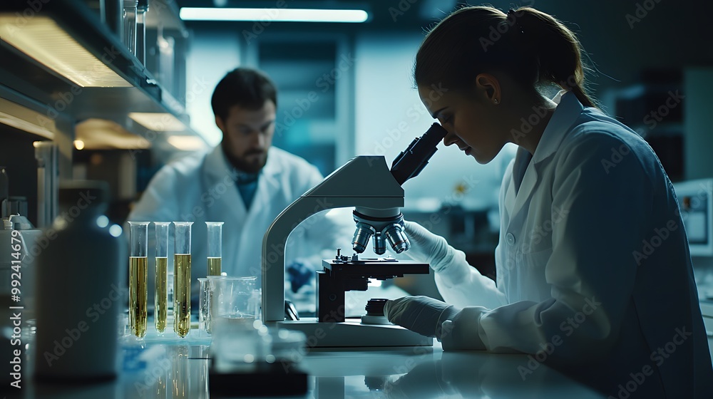 Aufkleber a female scientist examining a sample under a microscope in a laboratory setting