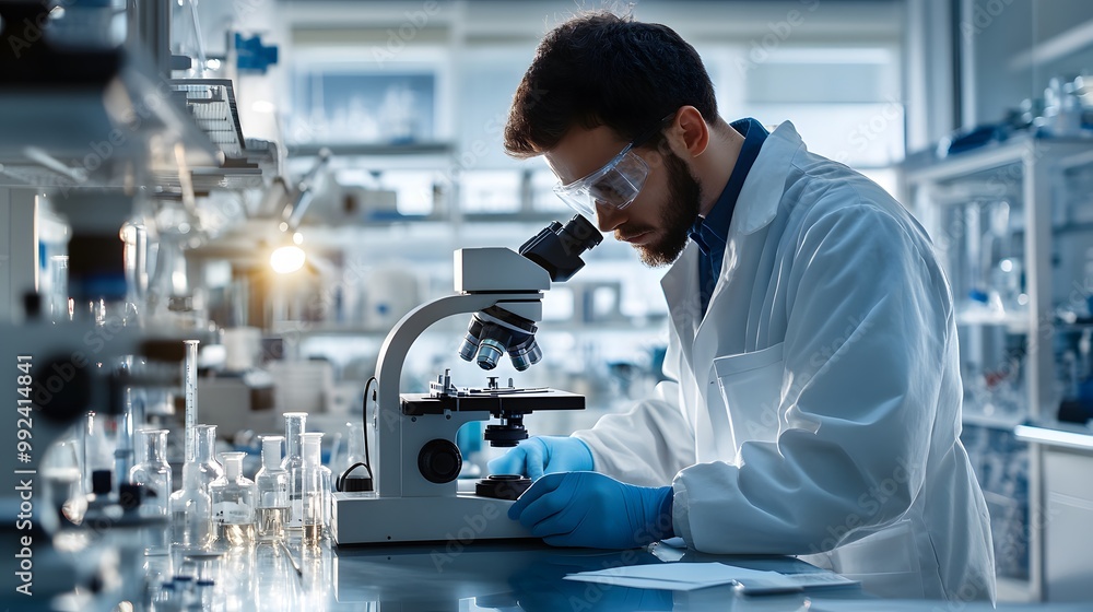 Poster scientist using a microscope in a laboratory setting