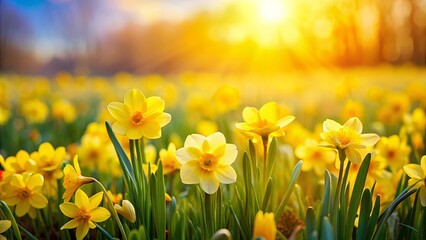 Obraz premium A field of daffodils bathed in the golden glow of the setting sun, their bright yellow petals reaching towards the sky.