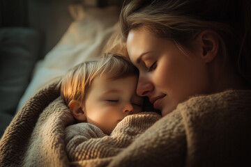 A serene image of a mother gently covering her child with a blanket