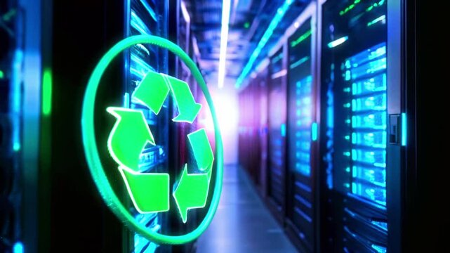 Green recycling symbol in front of a server rack.