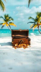 A small wooden treasure chest overflowing with gold coins on a sandy beach with clear blue water and palm trees under a sunny sky. Generative AI