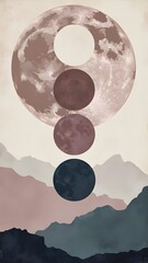 Abstract mountain landscape with moon phases illustrating the changing night sky at dusk. Generative AI
