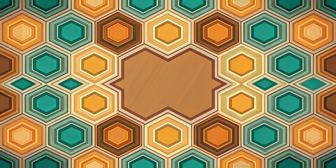 An abstract geometric pattern of overlapping hexagons with warm, earthy tones and muted teal accents