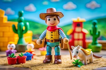 Fototapeta premium Colorful and Playful Wooden Toy Cowboy Figure with Accessories on a Bright Background for Kids
