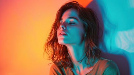 Fototapeta premium Beautiful Caucasian Female Model with gradient background in neon light AI generated image