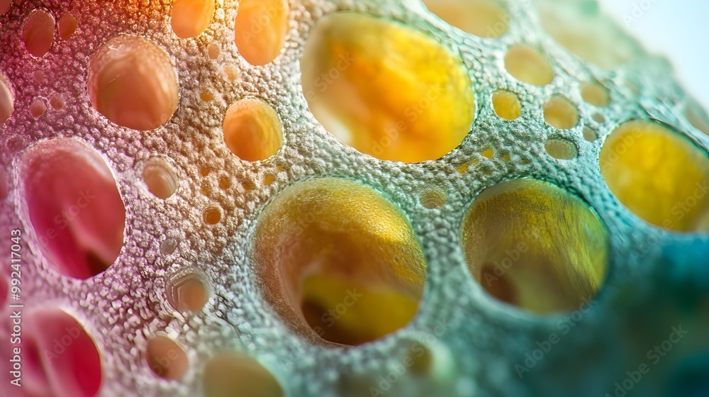 Poster a close-up of a multicolored porous surface with circular openings