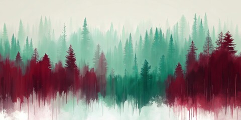 An ethereal forest landscape painted in hues of green and crimson, the trees blending into the misty air, creating a sense of mystery and wonder.