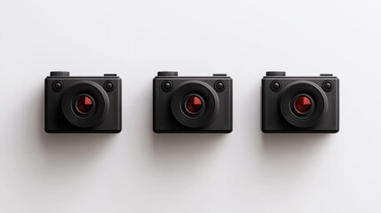 A group of three compact 3D cameras with sleek modern designs, placed symmetrically on a white background