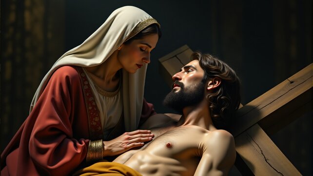 A Glimpse of Love and Pain, Jesus collapses under the cross, and Mary rushes to His side. The image captures the deep emotional bond between mother and son, with the cross looming behind them and Mary
