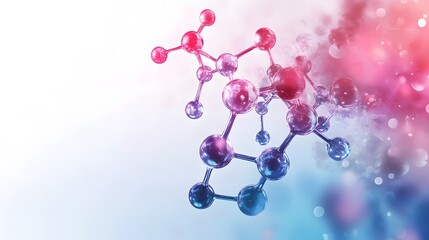 A 3D Molecular Model with Pink and Blue Spheres and Connecting Bonds Against a Blurred Pink and Blue Bokeh Background