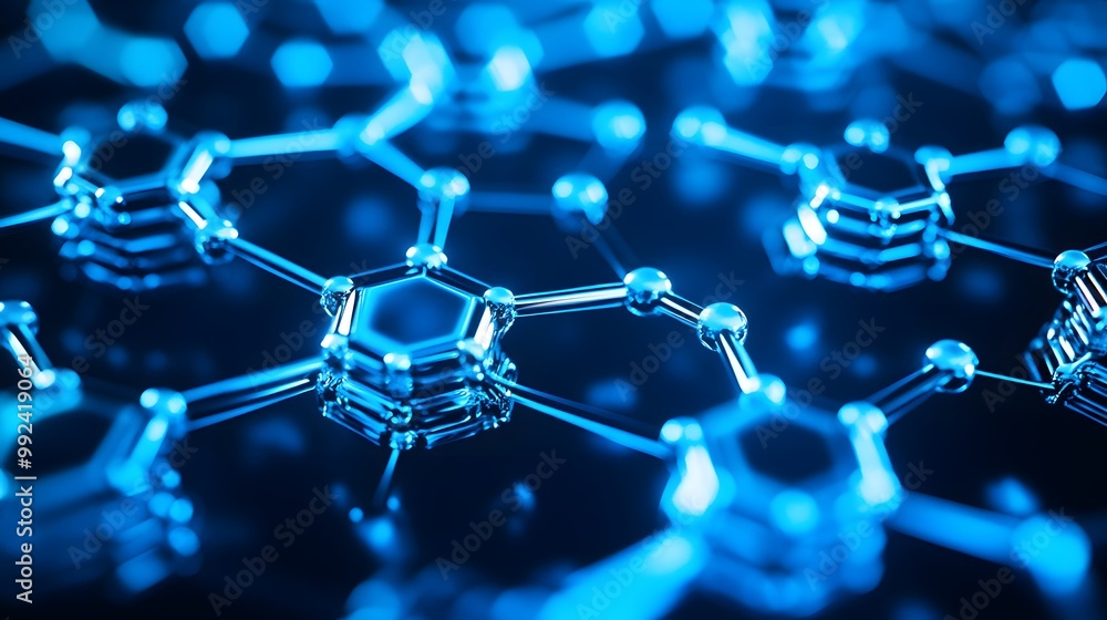 Poster abstract blue network of interconnected hexagon structures