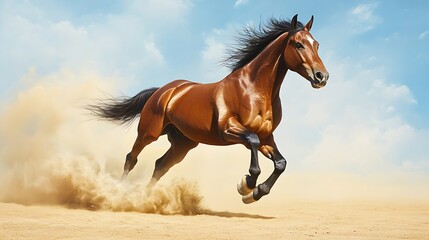 A Bay Horse Running on a Dusty Path