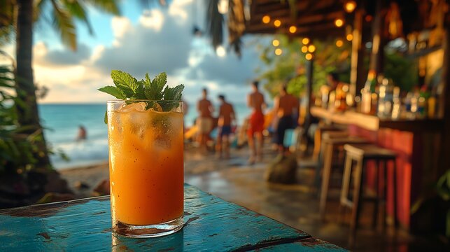 Refreshing naranjilla fruit juice ice cubes mint served colorful beachside caf table tropical drinks beachgoers softly blurred behind promoting hydration refreshment Scientific name Solanum quitoense