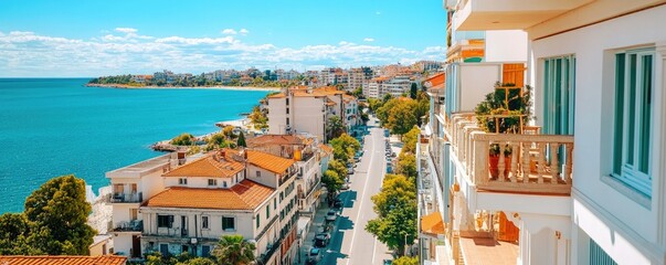 A vibrant seaside view featuring a coastal road, charming buildings, lush greenery, and a clear blue sky, evoking a serene and picturesque atmosphere.