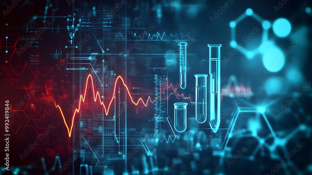 Poster abstract digital background with glass test tubes and red line graph