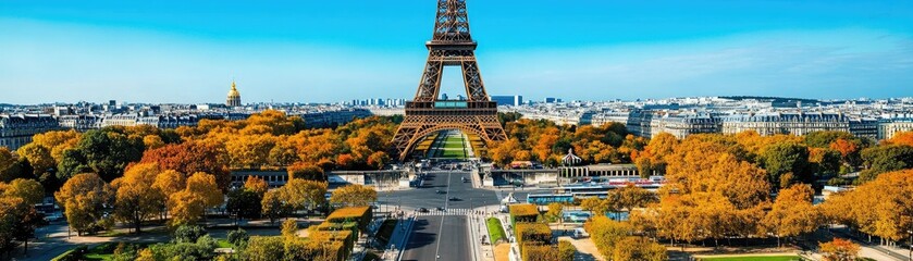 Fototapeta premium A panoramic view of the Eiffel Tower surrounded by vibrant autumn foliage under a clear blue sky in Paris.