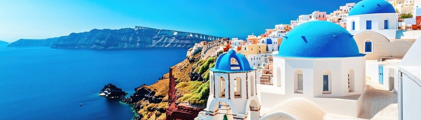 A stunning coastal view of white buildings with blue domes, overlooking the clear turquoise waters, typical of Santorini, Greece. © WACHI
