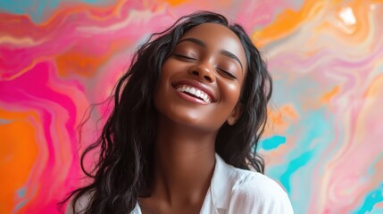 A Black woman face glows as colorful lights reflect off her skin with her lifestyle hair style, creating a dreamy atmosphere. Ideal for creative projects involving imagination and inspiration.