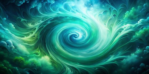 Abstract swirling vortex of ethereal green and blue hues creating a mesmerizing visual spectacle.