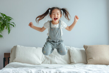 A joyful, braided Asian girl jumps energetically on a bed in a cozy room, reflecting the playful spirit that is perfect for promoting children’s products or family-oriented content.