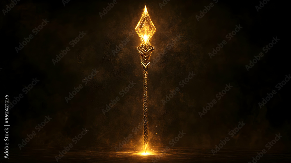 Poster a glowing golden spear standing out against a dark background, creating a mystical and captivating v