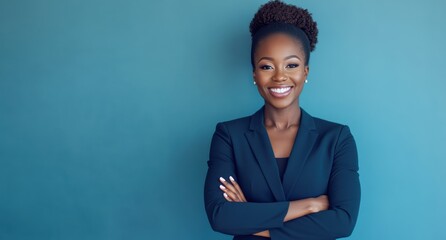 A confident woman in a dark blue suit stands smiling against a vibrant turquoise background, exuding professionalism and positive energy.