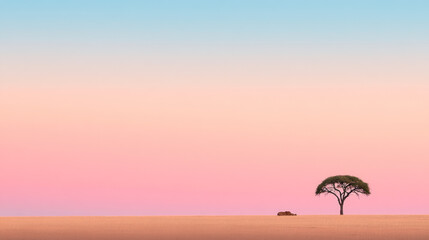 Lions resting beneath an acacia tree in the African savanna at dawn, with a pastel sky creating a tranquil and expansive scene.