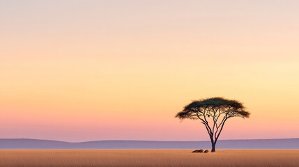 Lions resting under an acacia tree in the African savanna at dusk, surrounded by golden grass and a pastel sky, creating a peaceful and vast landscape.
