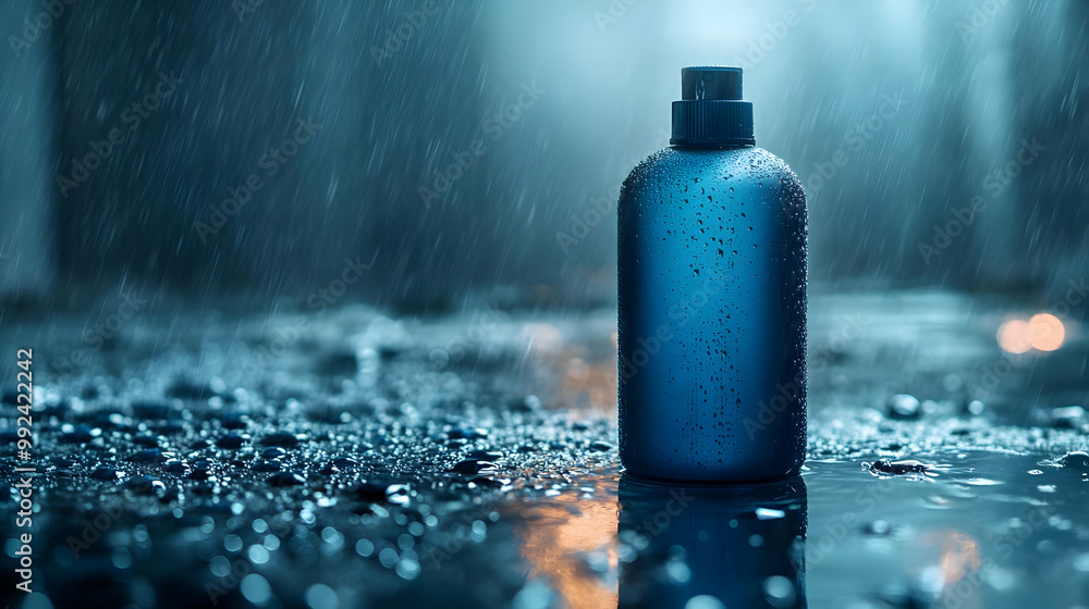 Poster blue bottle with water droplets on a wet surface, illuminated by ambient light, creating a moody atm