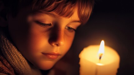 Young Boy Gazing at a Candle Flame in the Dark